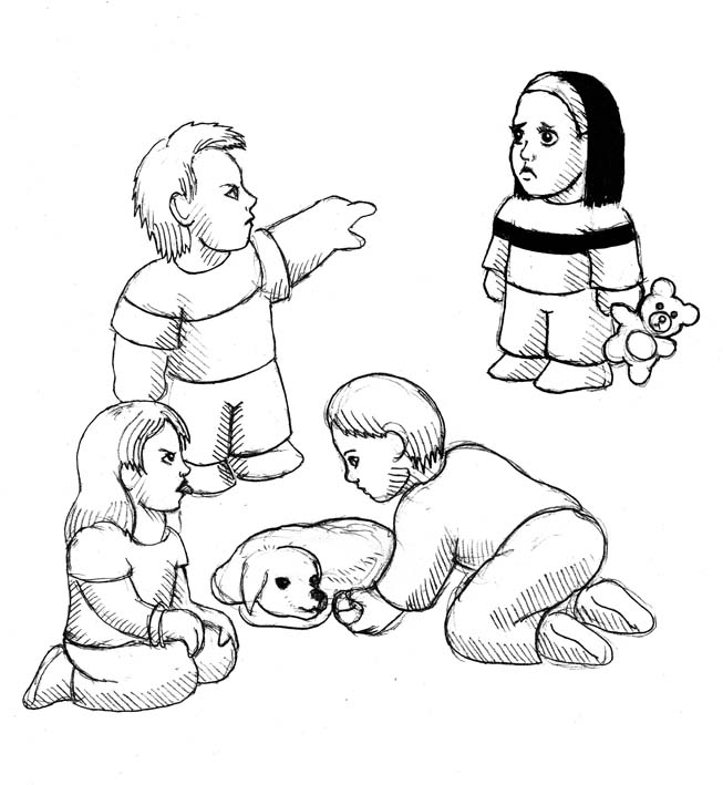 Zurückweisung im 5. Haus Eine Gruppe Kinder spielt und hätschelt einen Hund. Ein Kind wird ausgeschlossen.