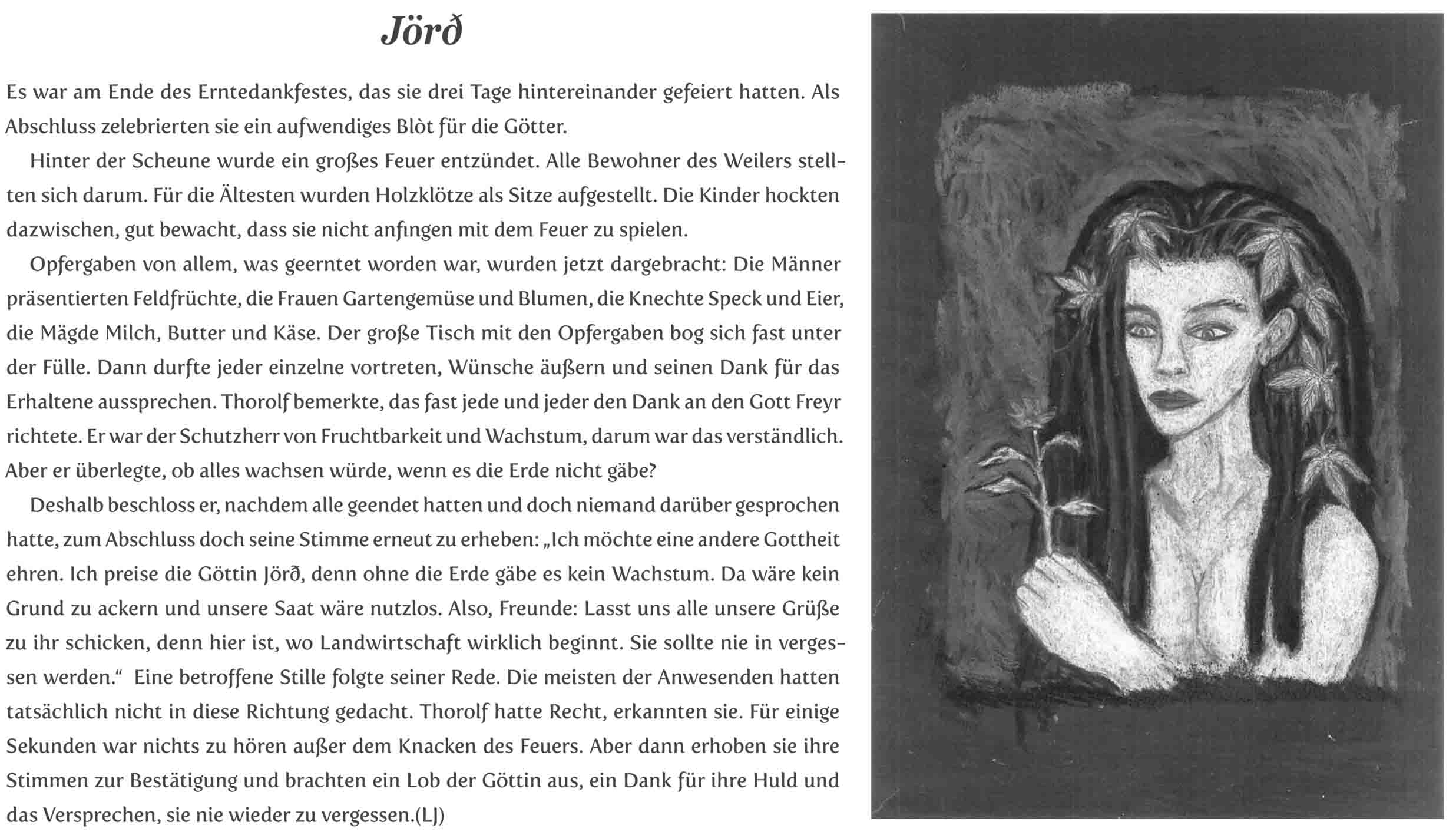 Eine Doppelseite aus dem Buch, links die Erzählung von Lucy Jochimsdotter, rechts das zugehörige Bild von Pollyana Jones, eine Frauenfigur mit einem grünen Zweig