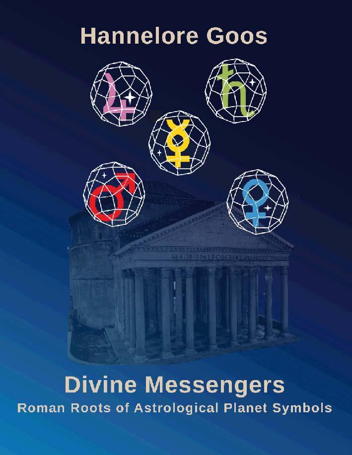 Auf blauem Untergrund das Pantheon, darüber sind Gitterkugeln angeordnet, in denen die Symbolzeichen für die Hauptplaneten eingeschlossen zu sein scheinen. Darüber der Name der Autorin, darunter Titel und Untertitel des Buchs. 