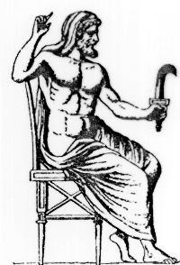 Schwarz-weiß-Zeichnung eines Mannes auf einem Thron, der mit der linken Hand ein Sichelschwert hält